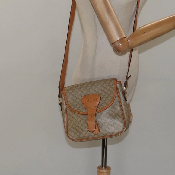 CELINE Macadam Canvas Shoulder Bag Beige Gold Auth - Picture 1 of 16